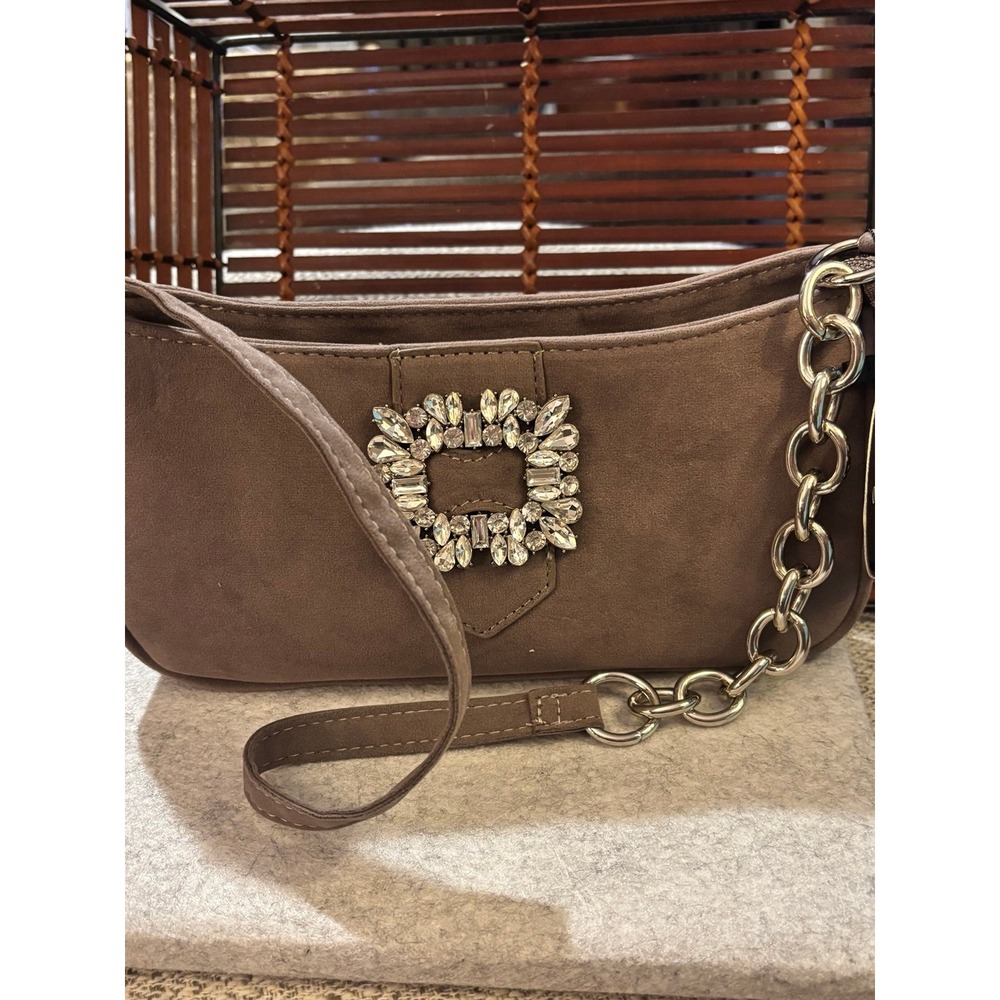 Olivia & Kate New York Taupe Faux Suede Rhinestone Buckle Shoulder Bag NWT